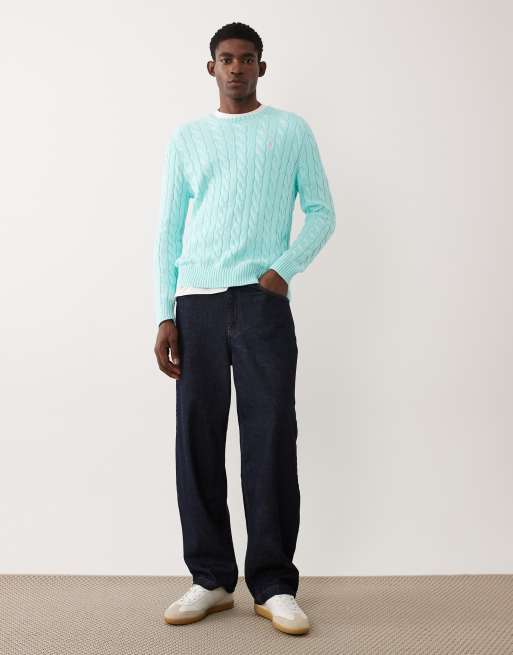 Polo Ralph Lauren long sleeve icon logo cable knit sweatshirt in turquoise, 2 of 5
