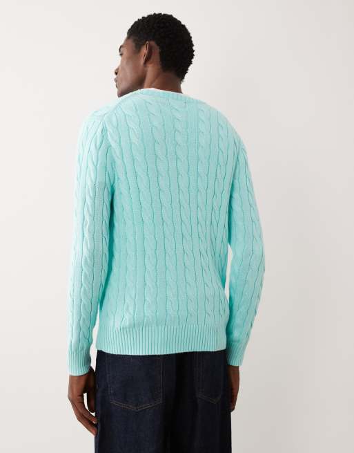 Polo Ralph Lauren long sleeve icon logo cable knit sweatshirt in turquoise, 3 of 5