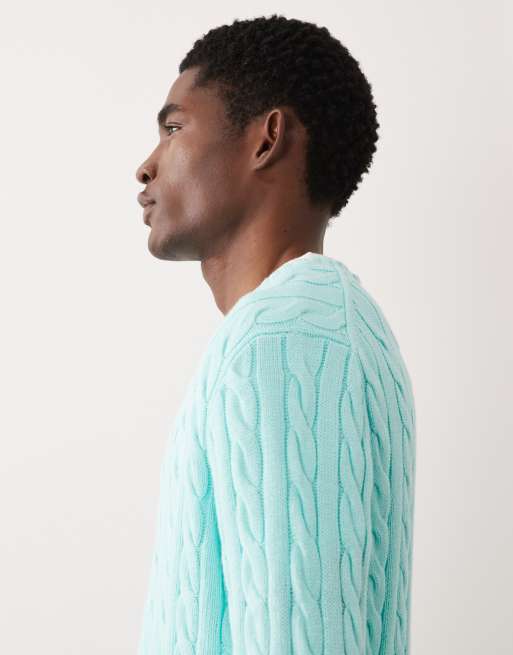 Polo Ralph Lauren long sleeve icon logo cable knit sweatshirt in turquoise, 4 of 5