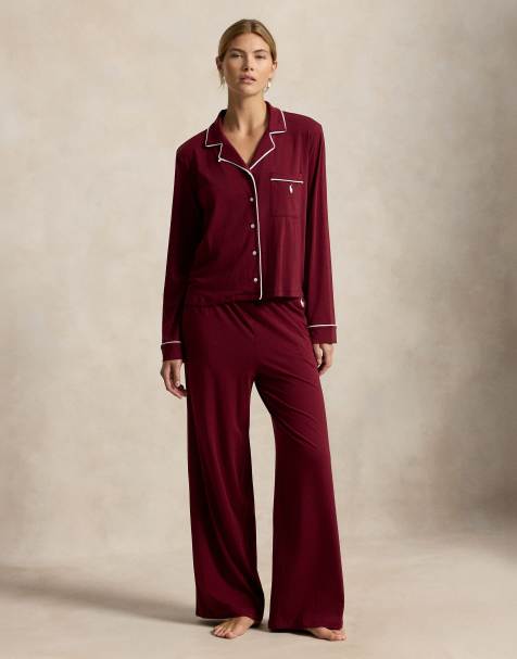 Polo Ralph Lauren Long-sleeve jersey pyjama set in burgandy - view 1