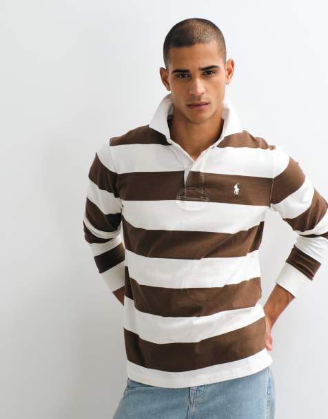 Polo Ralph Lauren long sleeve rugby polo in brown and white - view 1