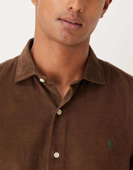 Polo Ralph Lauren long sleeve slim fit shirt in brown | ASOS