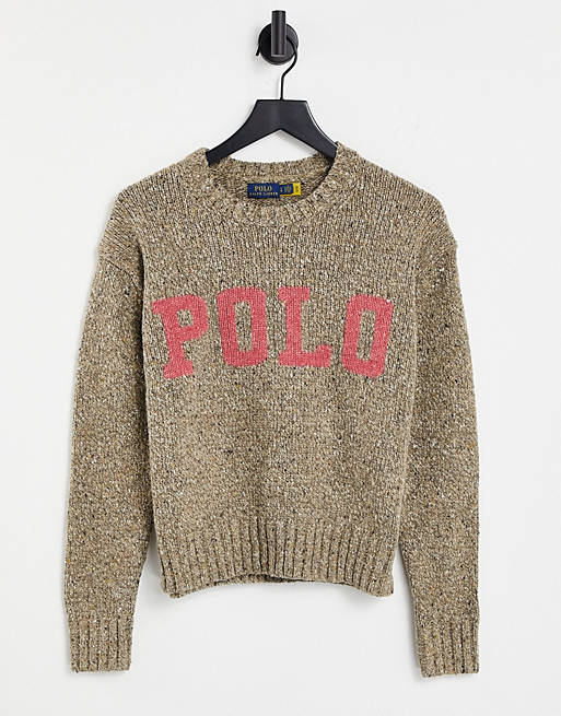 Polo Ralph Lauren long sleeve varsity logo knitted jumper in tan