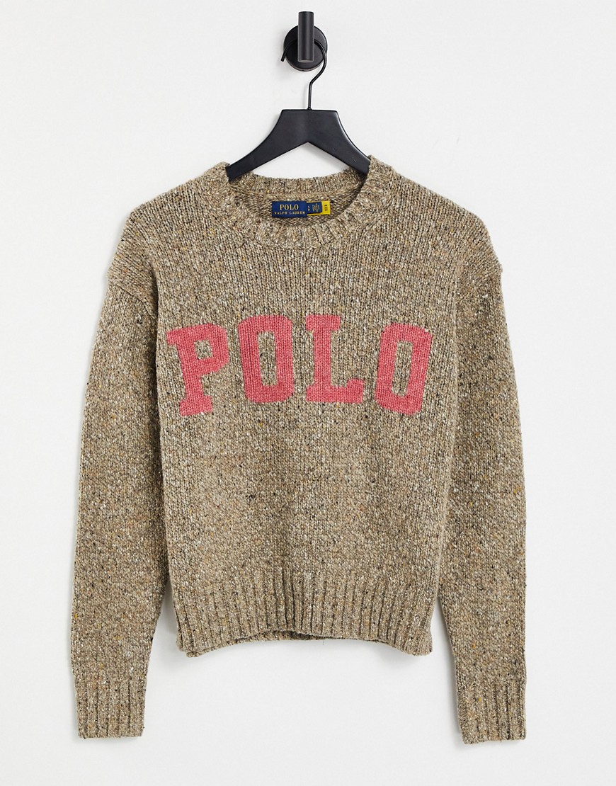 Polo Ralph Lauren long sleeve varsity logo sweatshirt in tan-Brown