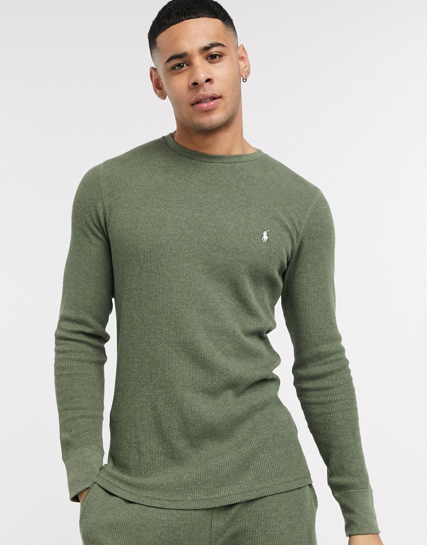 Polo Ralph Lauren long sleeve waffle t-shirt in olive with logo-Green