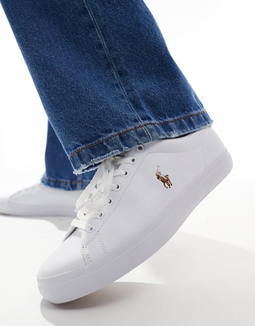 Polo Ralph Lauren longwood leather trainer in white with multi pony logo