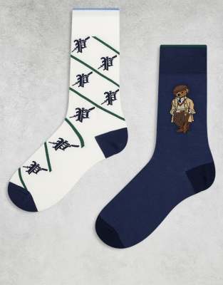 Polo Ralph Lauren - Lot de 2 paires de chaussettes à motif ours - Bleu marine et crème-Multicolore