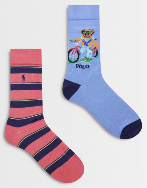 Polo Ralph Lauren - Lot de 2 paires de chaussettes motif ours - Bleu clair et rayures rouges - view 1