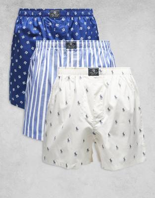 Polo Ralph Lauren - Lot de 3 caleçons - Rayures bleues/imprimé bleu marine/blanc imprimé logos-Multicolore
