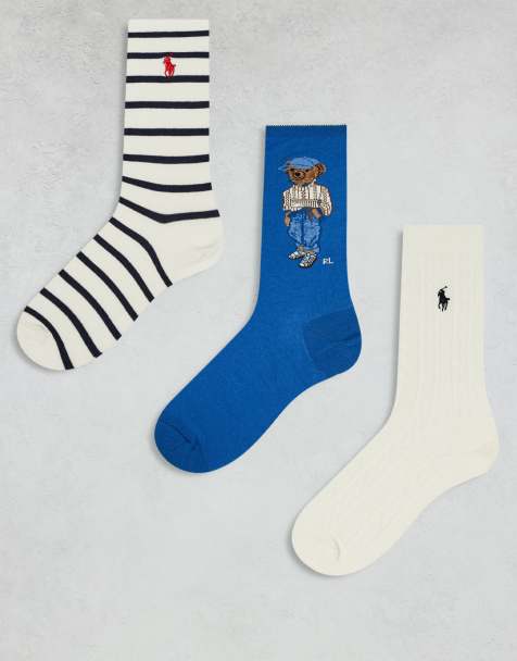 Polo Ralph Lauren - Lot de 3 paires de chaussettes à rayures et maille torsadée - Bleu et crème - view 1