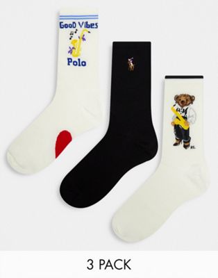 Polo Ralph Lauren - Lot de 3 paires de chaussettes avec motif ours en peluche en smoking - Multicolore | ASOS