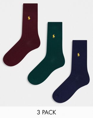 Polo Ralph Lauren 3 pack egyptian cotton socks in green burgundy navy - ASOS Price Checker
