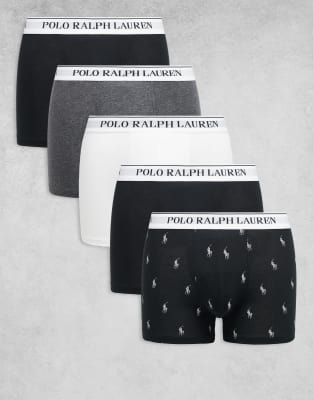 Polo Ralph Lauren - Lot de 5 boxers classiques unis et imprimés avec logo à la taille - Blanc/gris chiné/noir-Multicolore