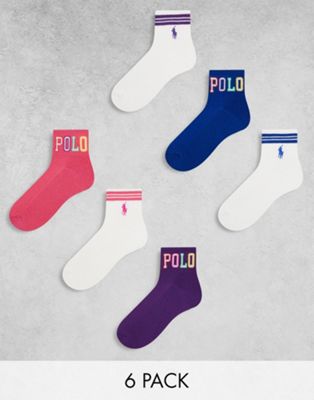Polo Ralph Lauren - Lot de 6 paires de chaussettes à logo - Rose, violet, blanc et bleu | ASOS