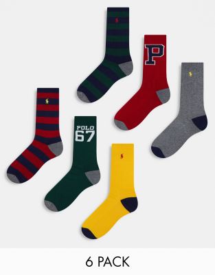 Polo Ralph Lauren 6 pack sport socks with pony logo in navy grey red with logo - ASOS Price Checker