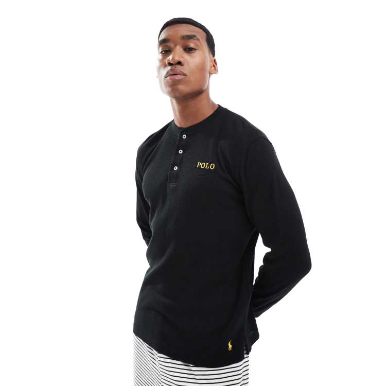 Polo Ralph Lauren lounge henley waffle long sleeve t shirt in black with gold logo