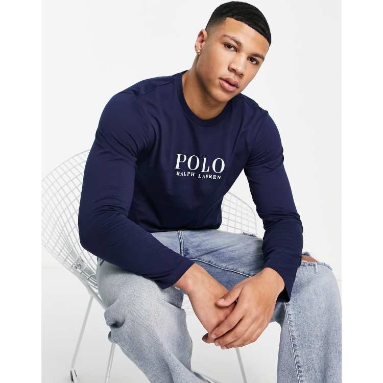 Polo Ralph Lauren lounge long sleeve t-shirt in navy with chest text logo |  ASOS