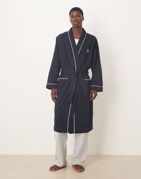 Polo Ralph Lauren – Lounge-Morgenmantel aus Loopback-Jersey in Marineblau mit Markenlogo und Paspelierung - view 1