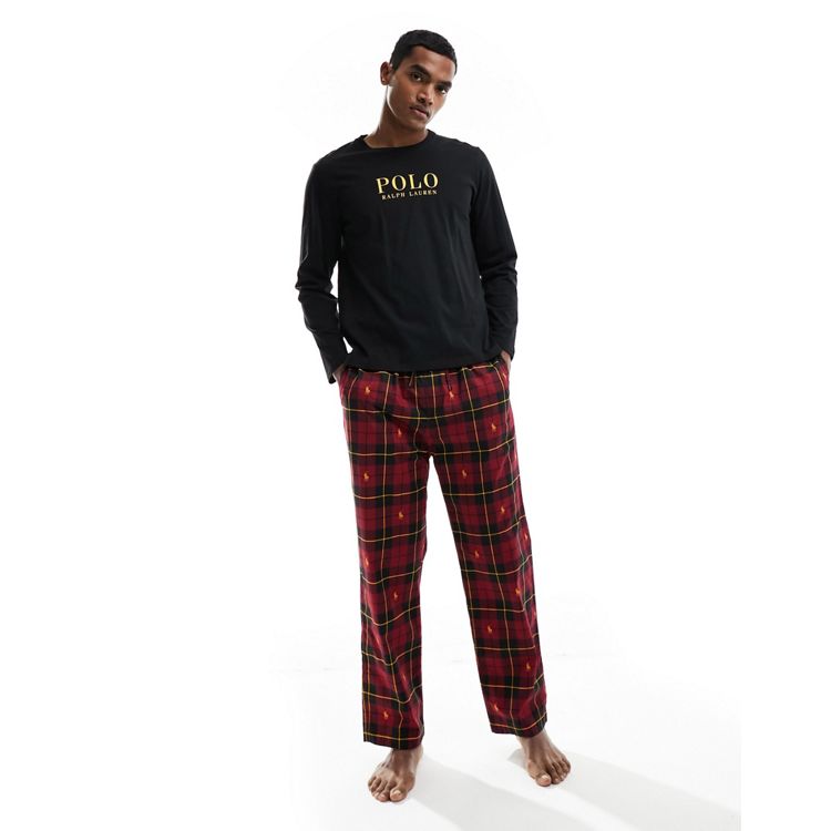 Polo Ralph Lauren lounge pyjama set with check pants and long sleeve  t-shirt in black