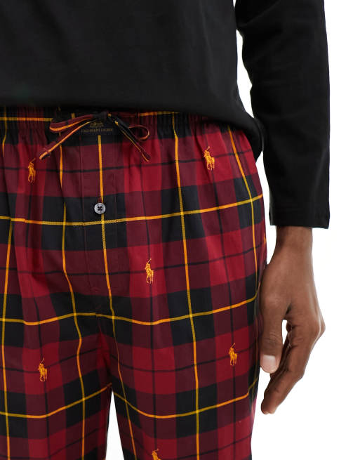 Polo Ralph Lauren lounge pyjama set with check pants and long sleeve  t-shirt in black