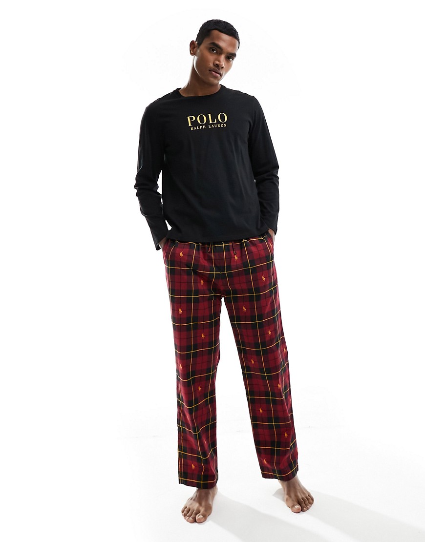 Polo Ralph Lauren lounge pyjama set with check trousers and long sleeve t-shirt in black