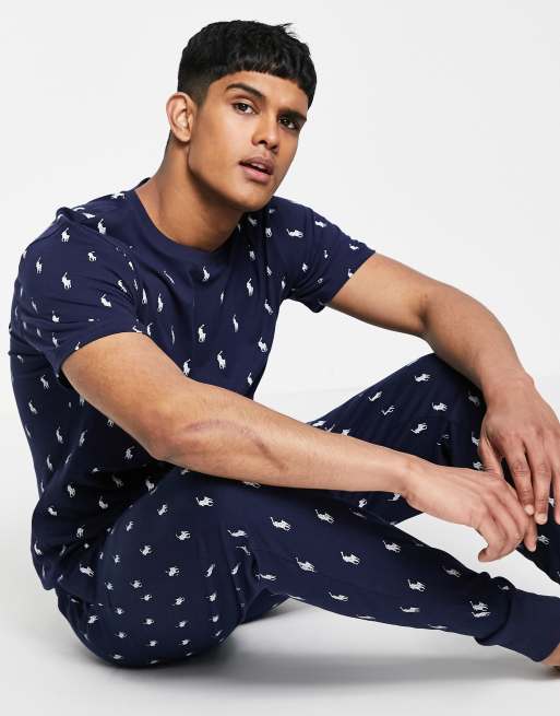 polo ralph lauren lounge jogger in navy with all over print logo