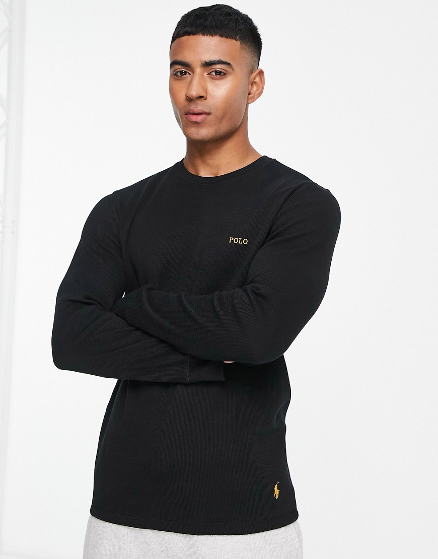 Polo Ralph Lauren lounge waffle long sleeve t-shirt in black with gold logo