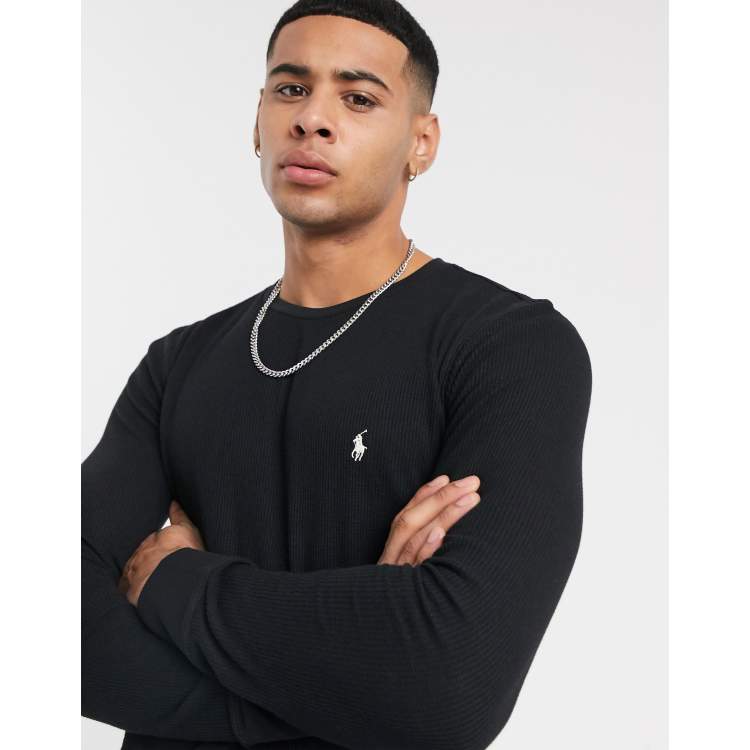 Polo Ralph Lauren lounge waffle long sleeve t shirt in black with logo