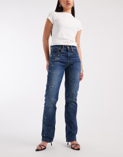 Polo Ralph Lauren lugo wash jewel detail wide leg jeans in dark blue - view 1