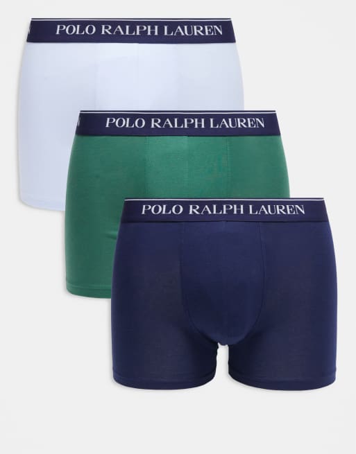 Polo Ralph Lauren - Lyseblå/mørkegrøn/marineblå klassiske boksershorts med hvid linning med logo i pakke med 3 par
