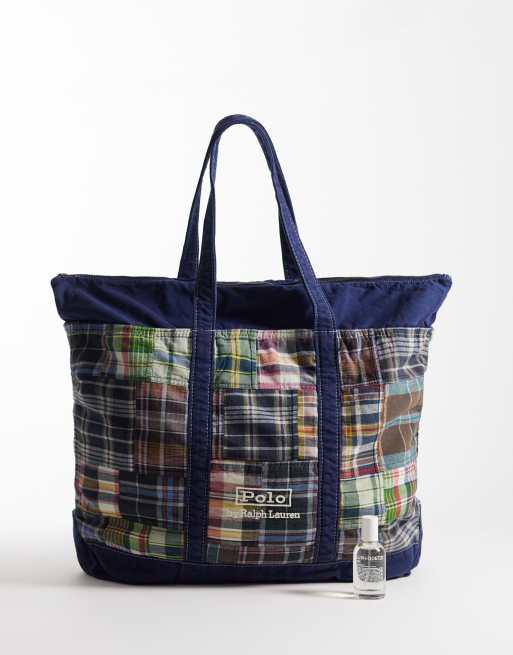 Polo Ralph Lauren – Madras – Patchwork-Tragetasche in Marineblau-Bunt, 2 von 4