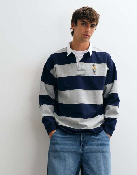 Polo Ralph Lauren maglia rugby con logo orso in navy e grigio - view 1