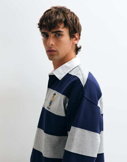 Polo Ralph Lauren maglia rugby con logo orso in navy e grigio, 5 di 5