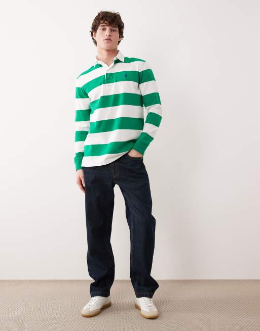 Polo Ralph Lauren - Maglia stile rugby a maniche lunghe a righe verde e bianca con logo, 3 di 5