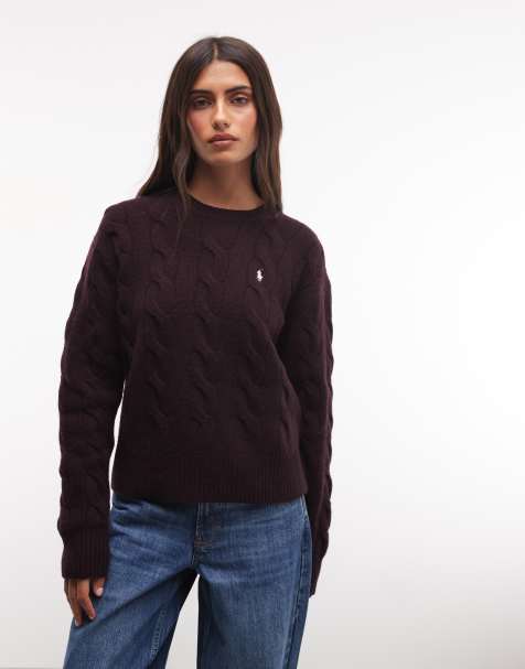 Polo Ralph Lauren maglione a maglia a trecce dritto con logo iconico in marrone - view 1