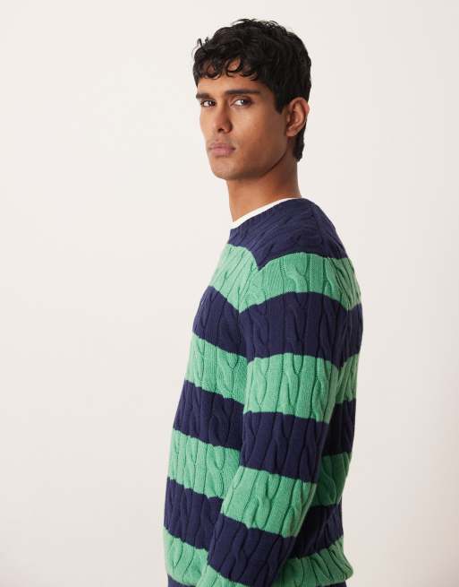 Polo Ralph Lauren - Maglione a trecce blu navy e verde a righe con logo, 3 di 5