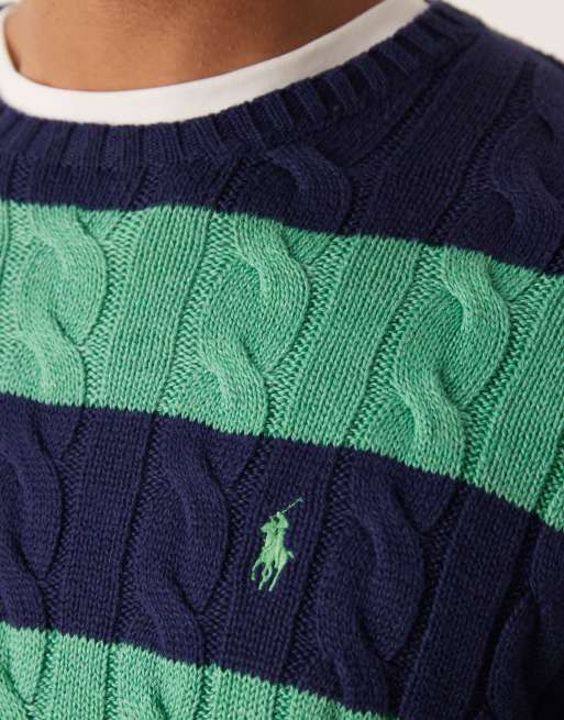 Polo Ralph Lauren - Maglione a trecce blu navy e verde a righe con logo, 5 di 5