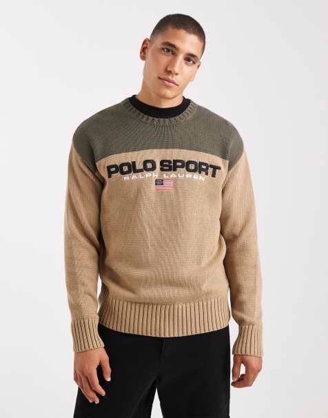 Polo Ralph Lauren - Maglione colorblock sportivo beige/verde in cotone pesante con logo e bandiera - view 1