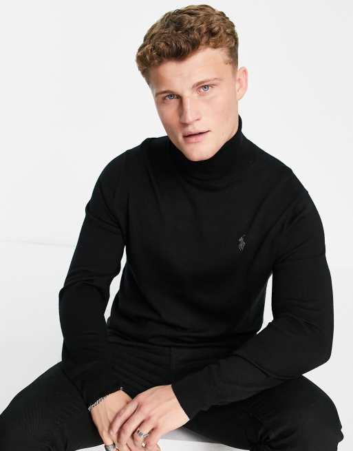 Polo Ralph Lauren - Maglione con collo alto in maglia di lana merino nera con logo