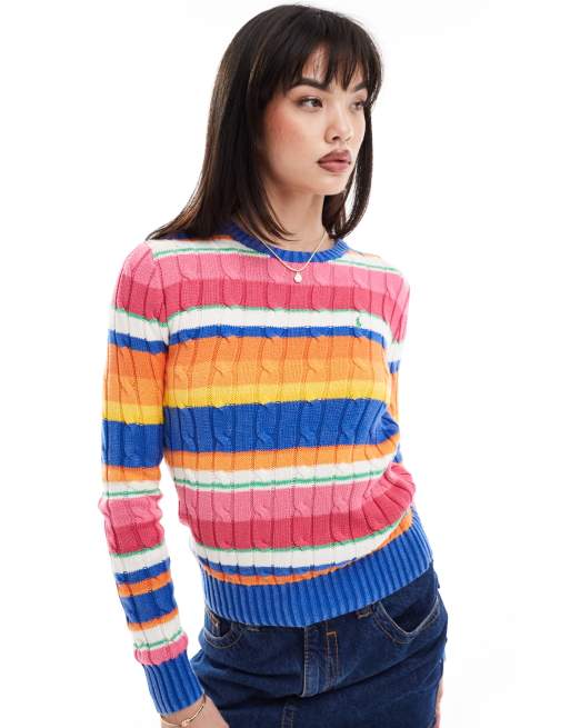 Polo Ralph Lauren - Maglione in maglia a trecce multicolore a righe con logo