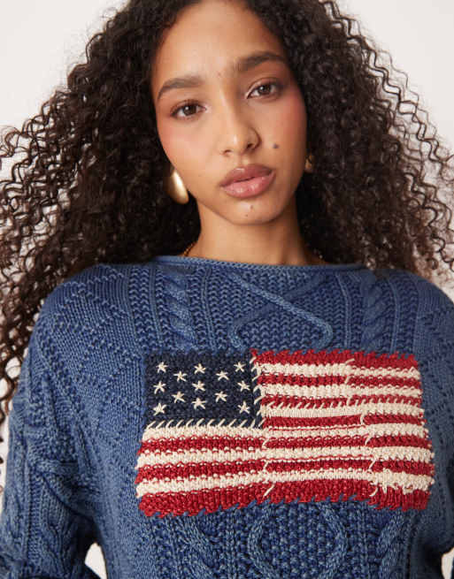 Maglione Donna Bandiera USA Here & Now, A Coste, Girocollo, Maniche Lunghe, Rosso Bianco Blu