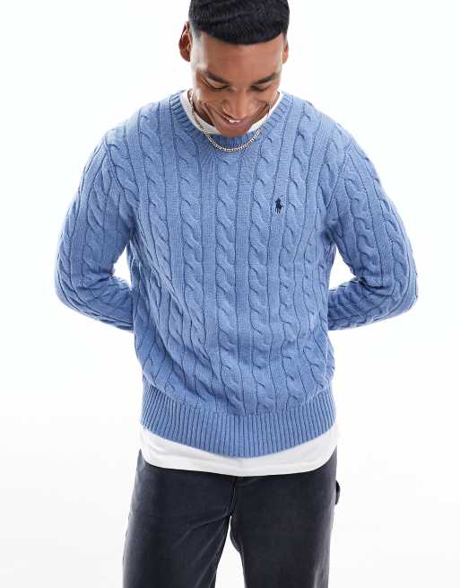 Polo Ralph Lauren - Maglione lavorato a trecce in cotone blu chiaro mélange con logo