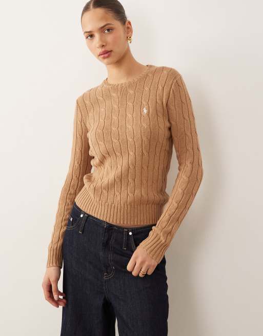 Polo Ralph Lauren - Maglione lavorato a trecce in cotone color cammello con logo