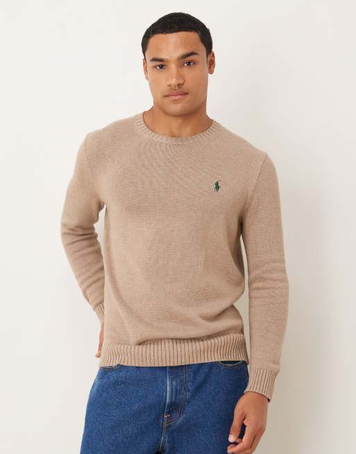 Polo Ralph Lauren - Maglione lavorato in cotone pesante color bronzo mélange con logo