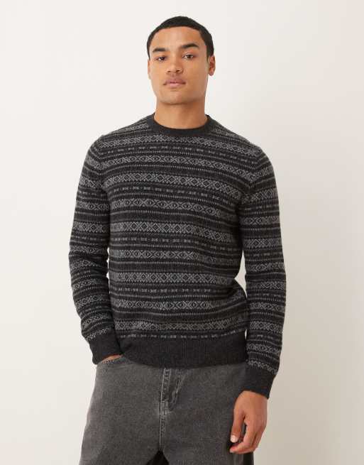 Polo Ralph Lauren - Maglione lavorato in lana color antracite con motivo Fair Isle e logo