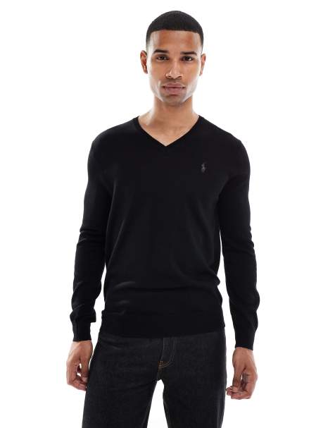 Polo Ralph Lauren - Maglione lavorato in lana Merino nero con logo e scollo a V - view 1