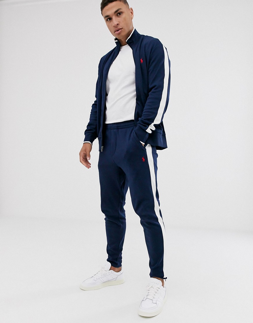 Polo Ralph Lauren – Marinblå avsmalande mjukisbyxor med vit sidorand