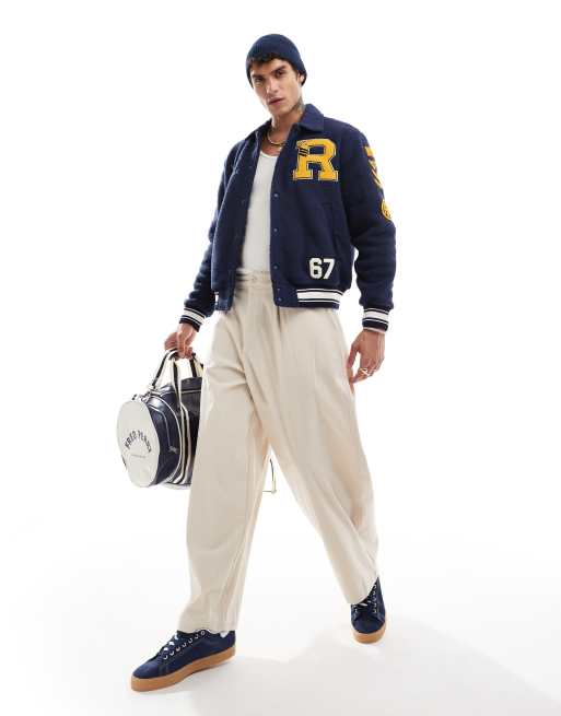 Polo Ralph Lauren – Marinblå baseball-jacka i teddy med märken, 4 av 5