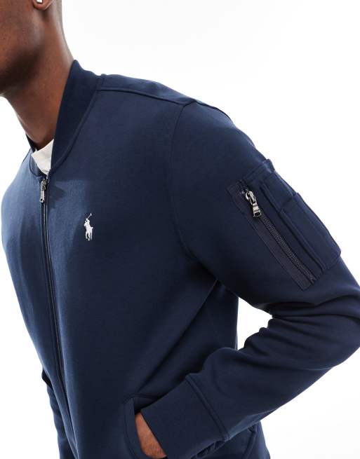 Polo Ralph Lauren – Marinblå, dubbelstickad bomberjacka i sweatshirtmaterial med ikonlogga, 3 av 4