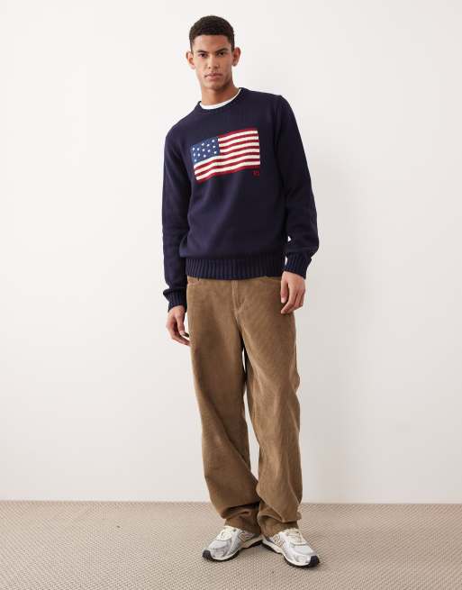 Polo Ralph Lauren – Marinblå, flätstickad tröja i bomull med stor flagga, 2 av 5